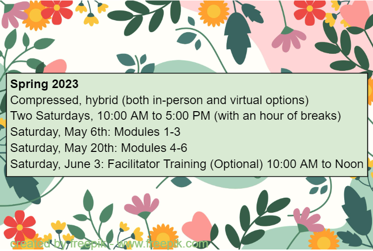 Spring 2023, Compressed & Hybrid: 2 Saturdays, 10AM-5PM, May 6 & May 20